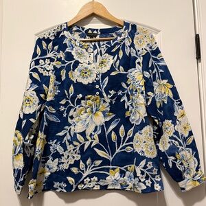 NWT Talbots Navy Blue Floral Blouse with Yellow Accents